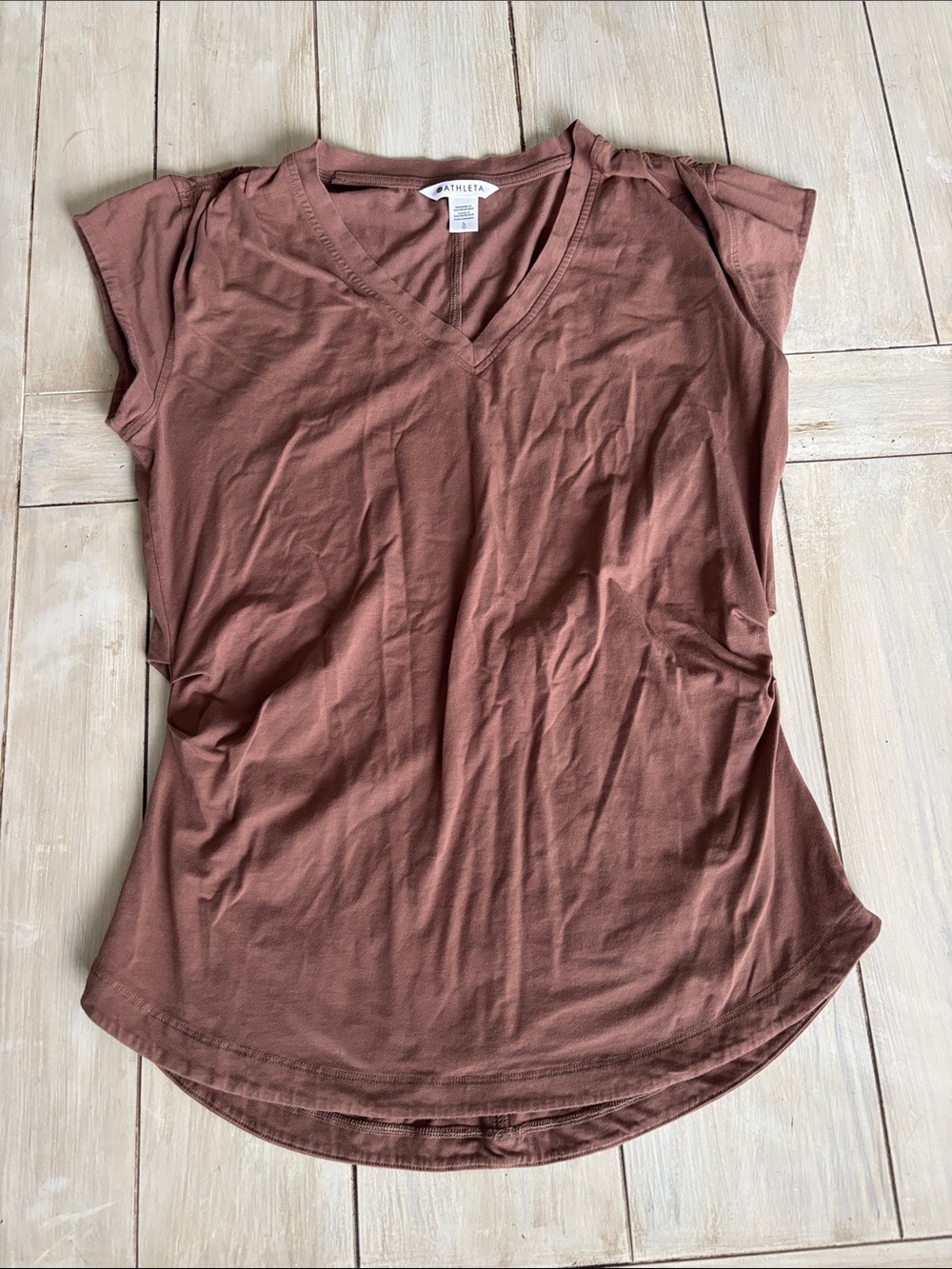 Athleta Brown Ruched Athletic V Neck Tee Shirt Large